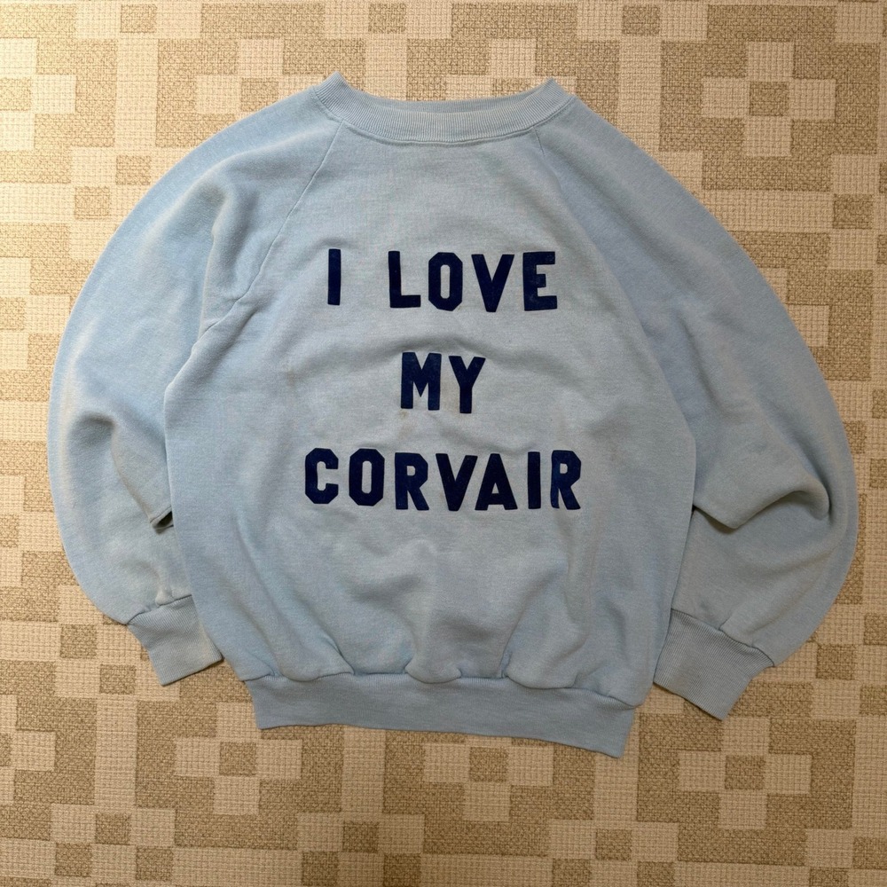Vintage 70s Sportswear I Love My Corvair Sweatshirt Blue Flocked Raglan Medium